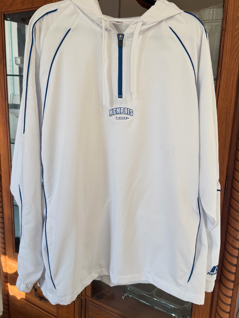 Sleek Russell Athletic White Hooded Pullover with Blue Trim